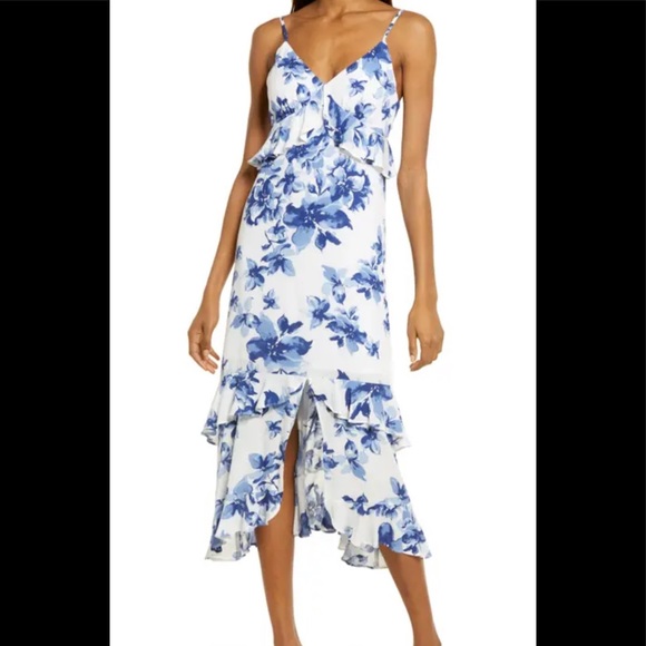 Lulus Blue and White Floral Print Ruffled Dress - Picture 4 of 4